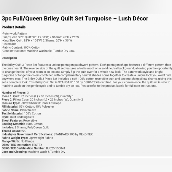 Lush Decor Briley Quilt Turquoise 3Pc Set Full/ Queen - Picture 2 of 2